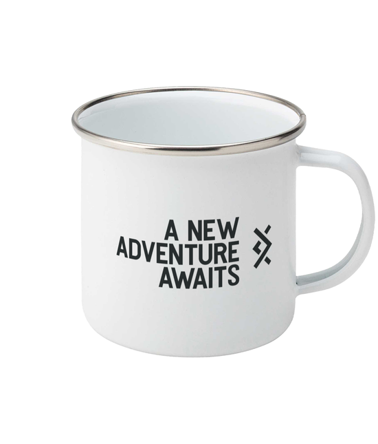 white enamel mug with 'A New Adventure Awaits' written on it