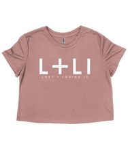 Load image into Gallery viewer, L+LI Ladies Flowy Cropped Tee &#39;21 in MAUVE/DARK GREY HEATHER
