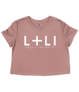 L+LI Ladies Flowy Cropped Tee '21 in MAUVE/DARK GREY HEATHER