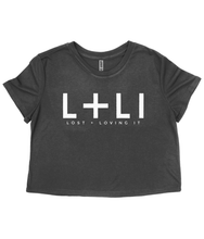 Load image into Gallery viewer, L+LI Ladies Flowy Cropped Tee &#39;21 in MAUVE/DARK GREY HEATHER
